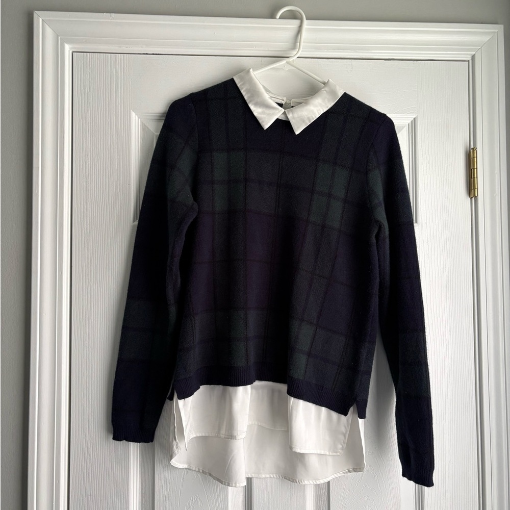 Tahari Navy Sweater with White Scalloped Collar